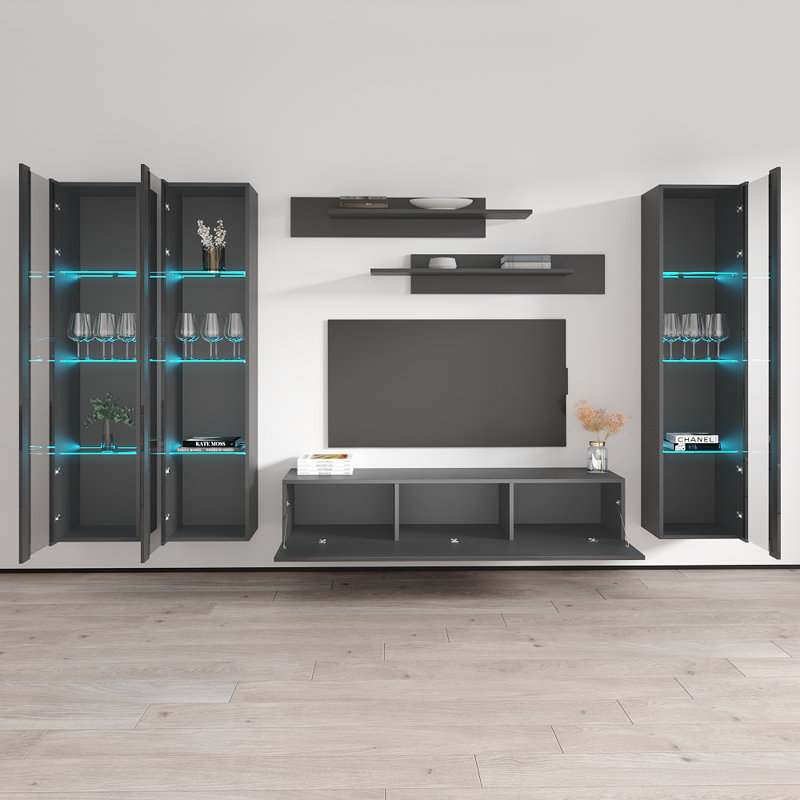 Meuble audio-vidéo mural flottant moderne de 120 po avec éclairage à DEL 16 couleurs Aubrea, Gris