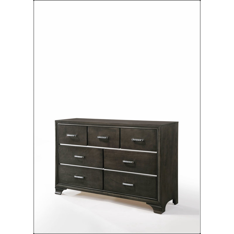 Commode 7 tiroirs Carine II à finition grise avec rails coulissants et design élégant pour les chambres à coucher modernes