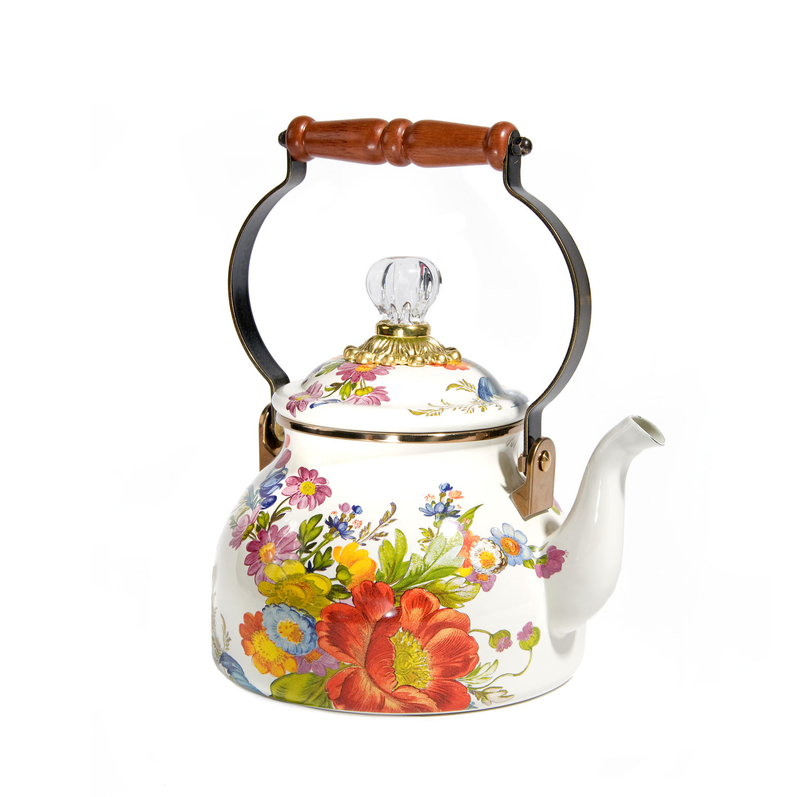 MacKenzie Childs Flower Market 2 Quart Tea Kettle, White/Brown/Orange/Yellow