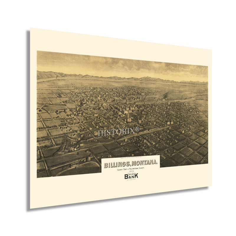1904 Billings Montana Map, affiche sur papier, H 24 po x l 36 po x P 0,01 po