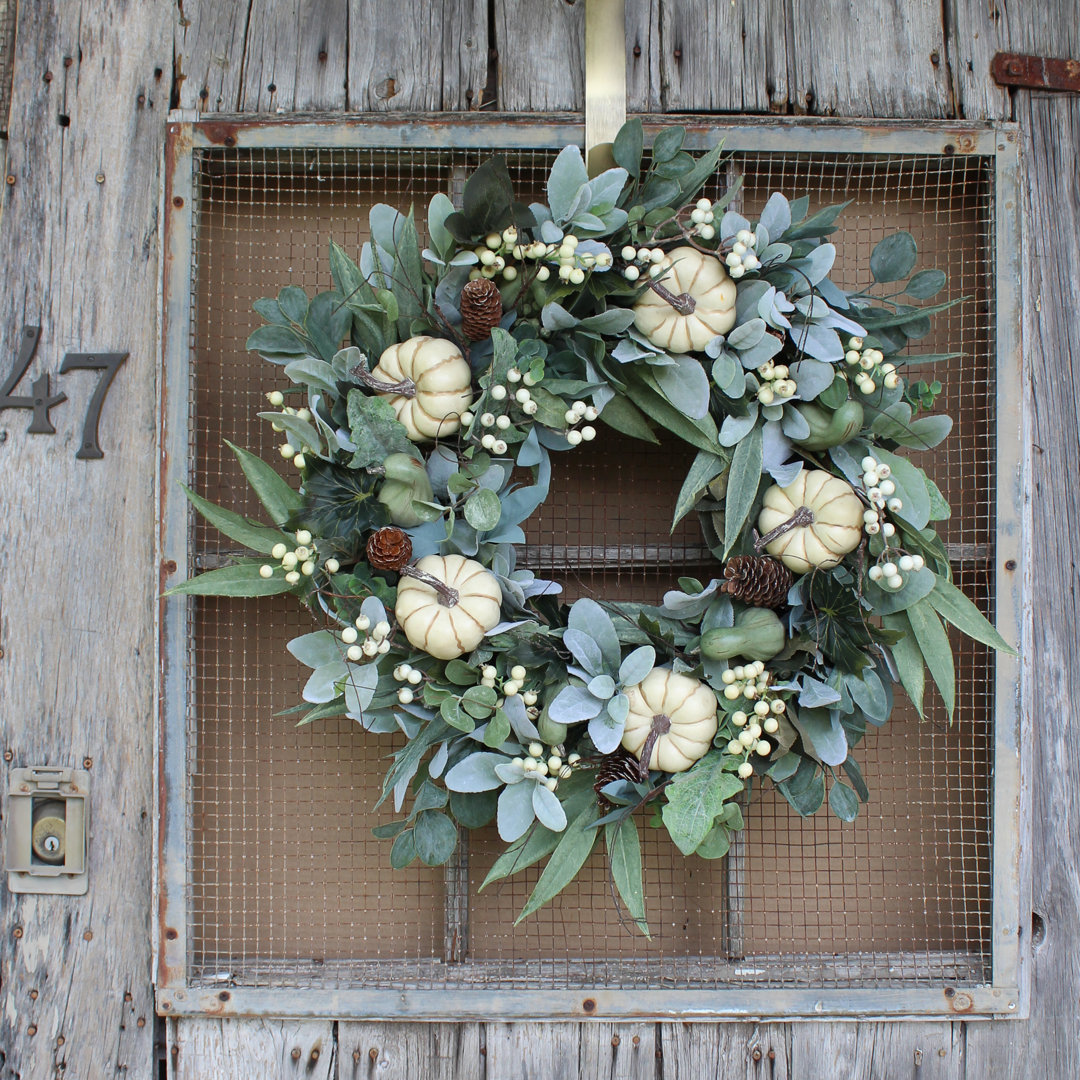 Cream Pumpkin and Gourd, Eucalyptus, Lamb's Ear Fall Harvest Front Door Silk Wreath The Holiday Aisle® 