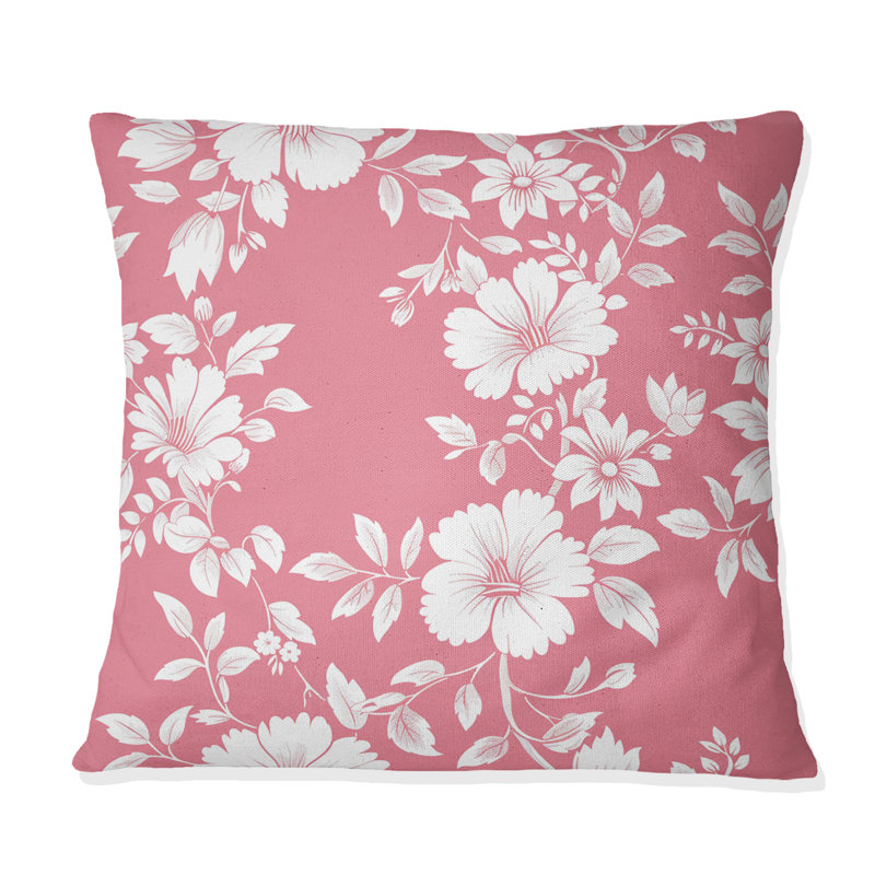 Coussin décoratif à motif de jardins floraux blancs et roses II, H 18 po x l 18 po