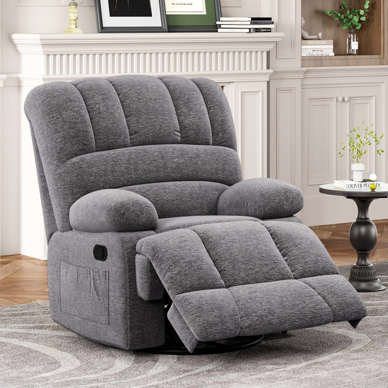 Heald 40.94"W Upholstered Swivel Rocker Recliner, Dark Gray Chenille