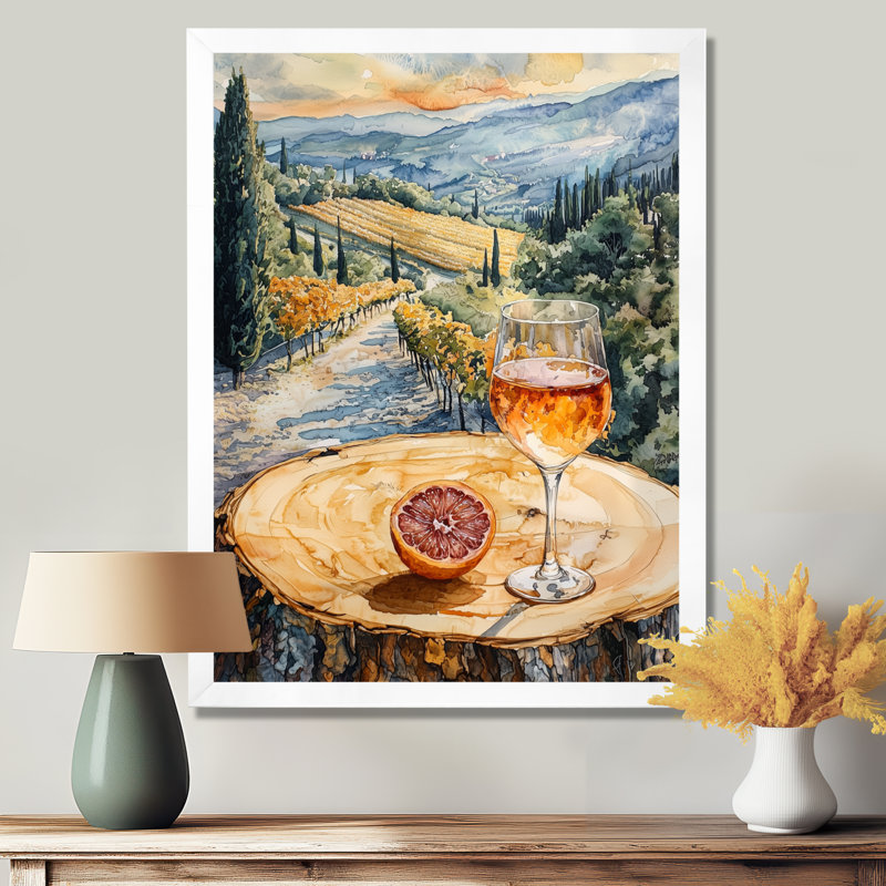 Pamplemousse avec verre de vin dans un paysage viticole IV - Paysages, art mural, salon, H 32 po x l 16 po, Blanc
