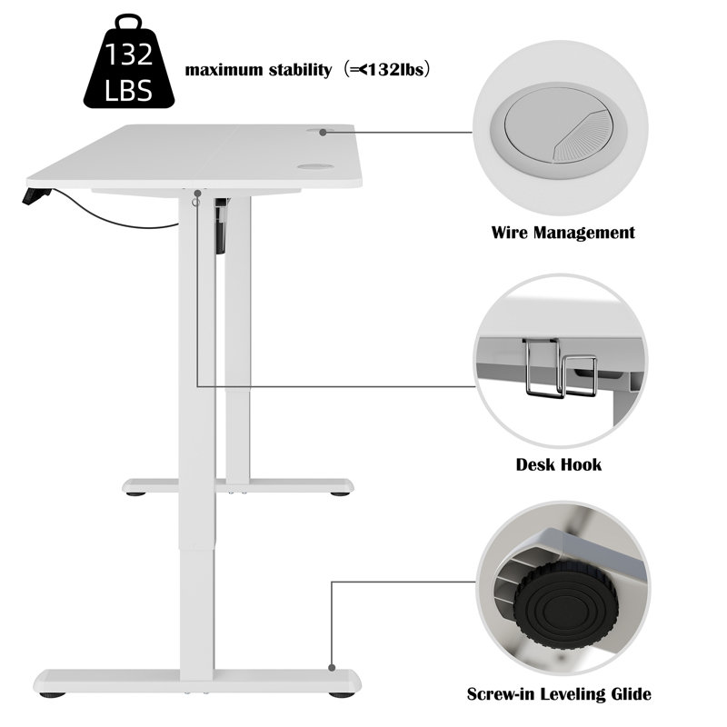Bureau debout électrique à hauteur ajustable, H 46,5 po x l 39,4 po x P 23,6 po, Blanc