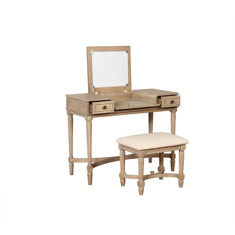 Cyndi Gray Wash Traditional Flip Top Vanity Set with Brass Accents