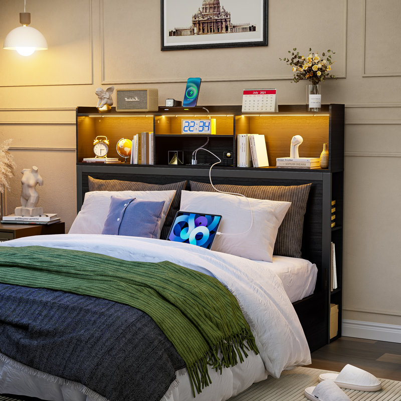Queen Headboard, 62" Bookcase Headboard with Charging Station & LED Lights, Side Storage