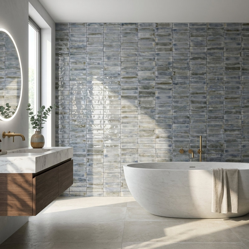 Calypso White Glossy 2.5x10 Porcelain Subway Wall Tile, Grey