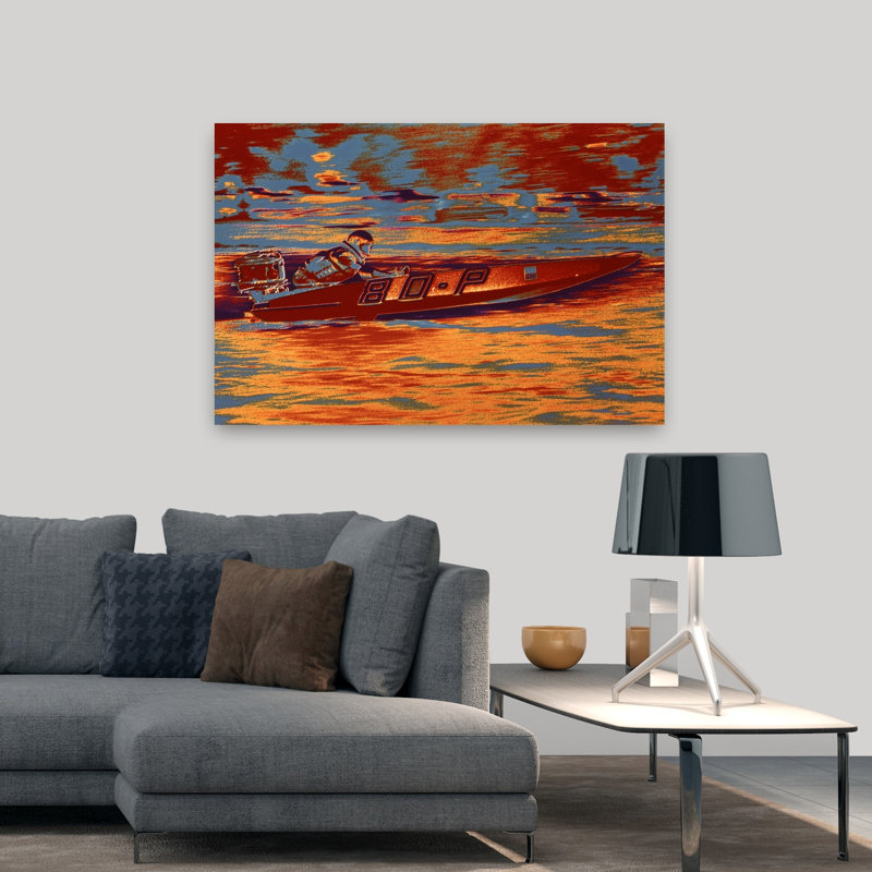 Hydroplaning Single Engine Motor Boat Racing Graphic Posterized Classic Retro Vintage Wall Art, H 48 po x l 32 po