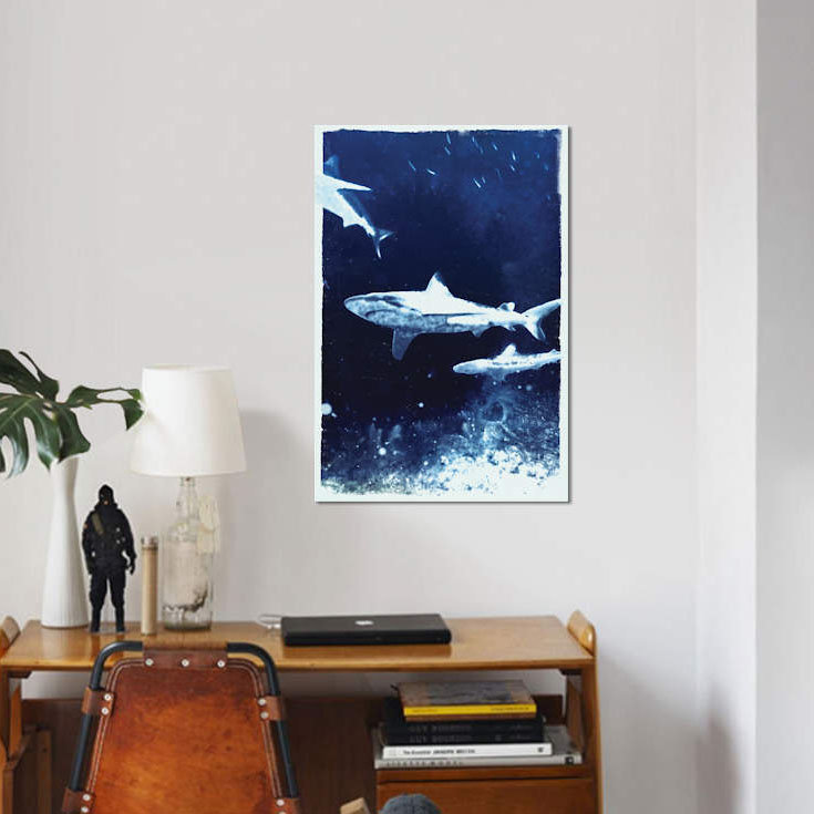 " Indigo Sharks " by 33 Broken Bones, 26" H x 18" W x 1.5" D, No Mat, Wrapped Canvas