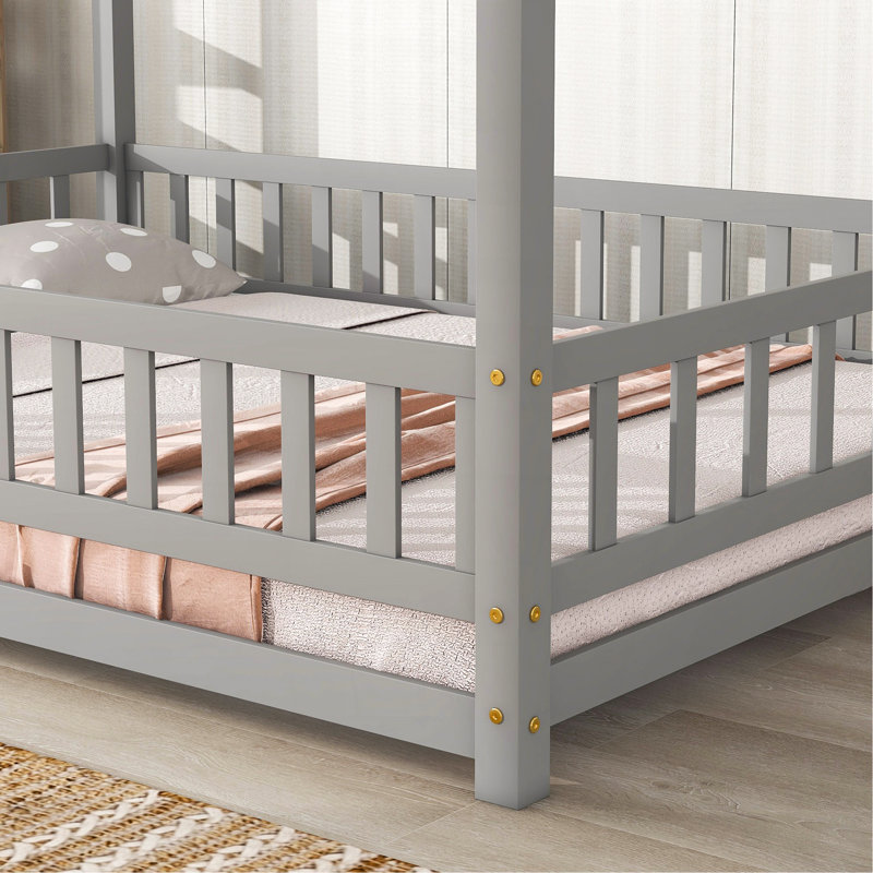 Full Size Floor Wooden Bed With House Roof Frame, Fence Guardrails ,Grey, Gray, Full