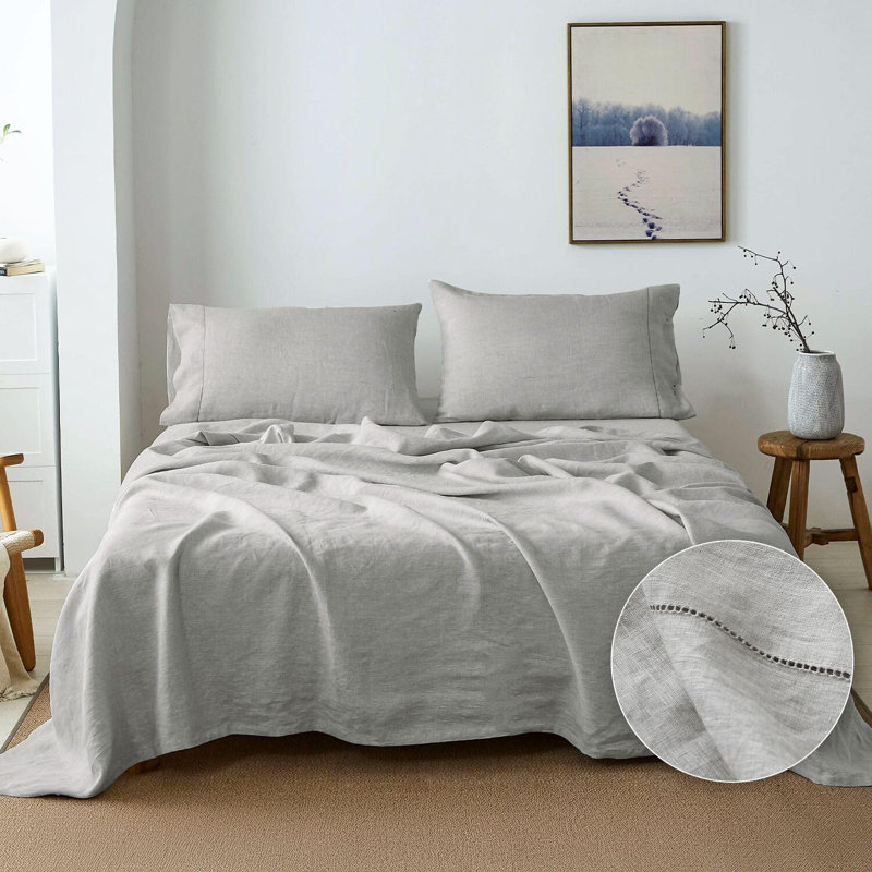 100% French Linen Sheet Set Handmade Hemstitch-4 Pcs Natural Flax Farmhouse Bed Sheets(1 Flat Sheet 1 Fitted Sheet 2 Pillowcases)