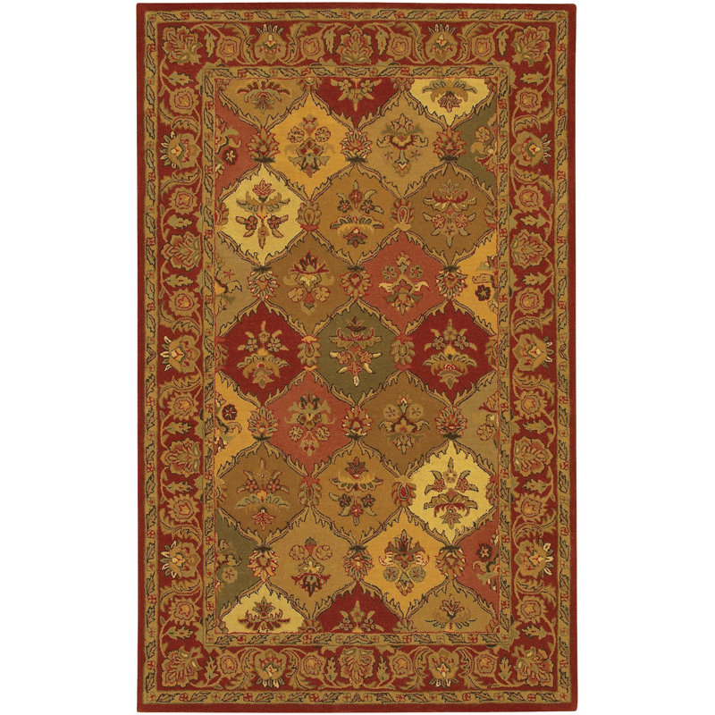 Frias Authentic Hand-Tufted Handmade Deep Red, Gold & Sage Green Traditional Diamond Lattice Wool Area Rug