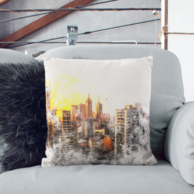 Melbourne Australia Skyline Watercolour Cushion with Filling, 55cm H x 55cm W x 20cm D, Black