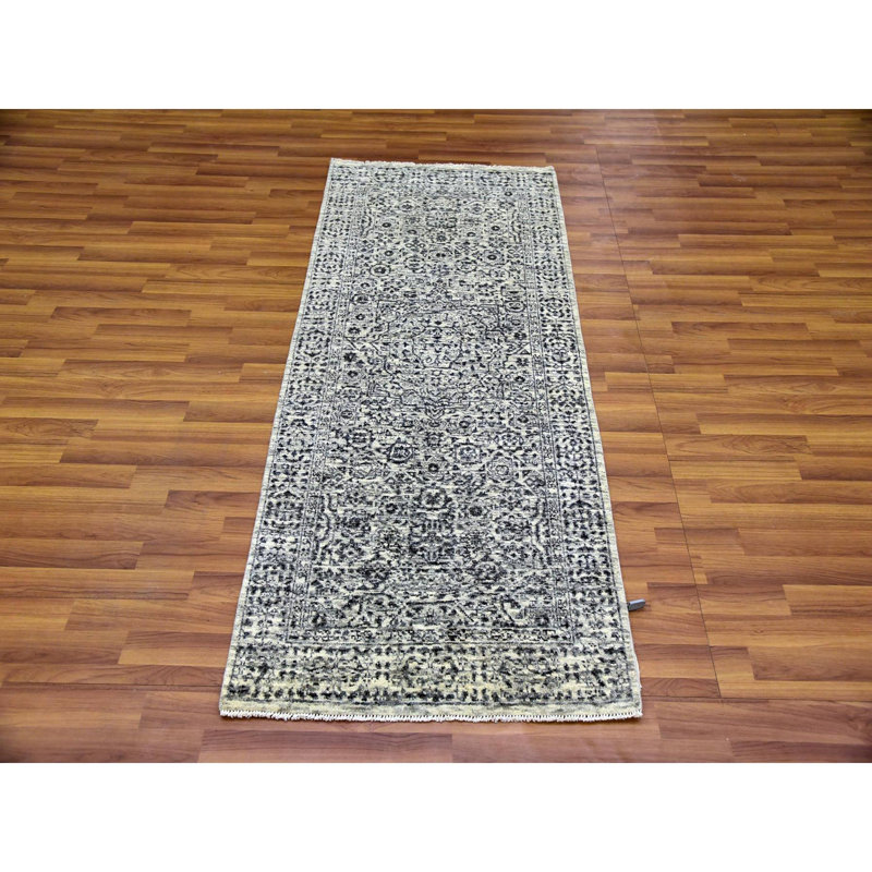 Tapis de couloir blanc en laine nouée à la main 2 pi 7 po x 6 pi de conception Dynastie Mamelouk 3 pi 3 po x 3 pi