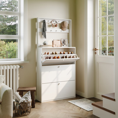 Shoe Cabinet With 3 Flip Drawers &  Hooks Coat Rack & Adjustable Shelves
