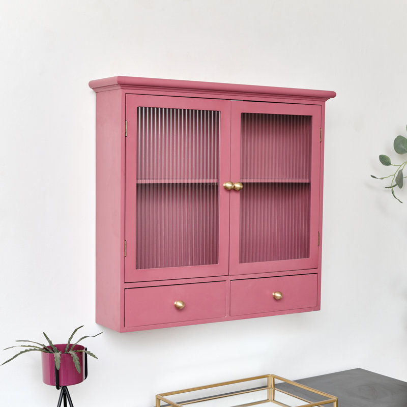 Pale Reeded Glass Wall Cabinet With Drawers, Rose