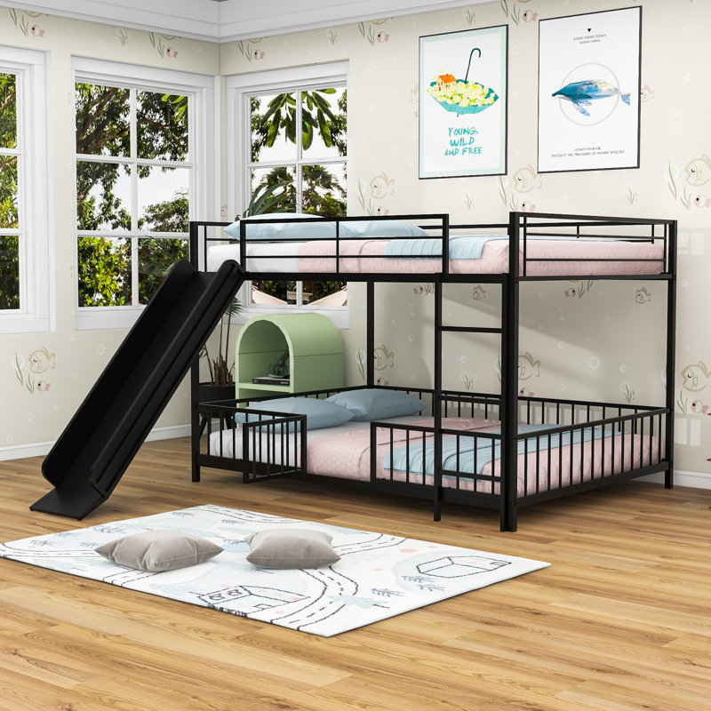 Lit superposé double au-dessus de double avec glissière et échelle interchangeables, Noir, noir, noir, noir