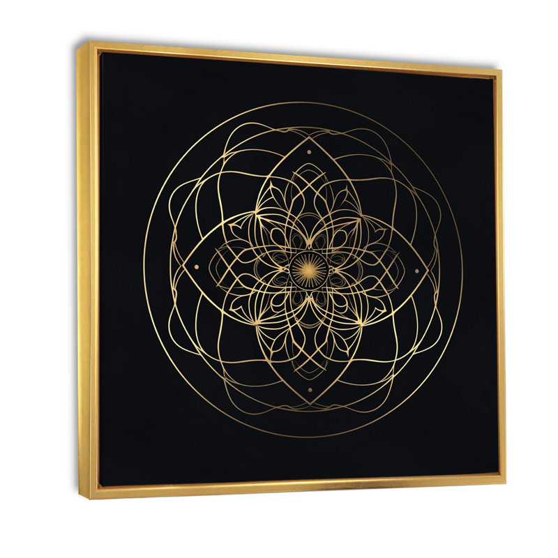 Visions de géométrie sacrée dorée sur fond noir sur toile, H 24 po x l 24 po, Cadre flottant doré