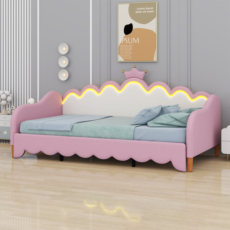 Extending Daybed With LED Lights, Modern Upholstered Daybed With Crown Headboard, Pink