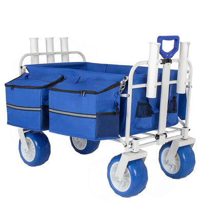 Beach Wagon Cart With Rod Holders And 9" All-Terrain Wheels, 500Lbs Heavy Duty Collapsible Folding Wagon, Adjustable Handle, Cooler & Storage Bags For Beach, Camping, Garden & Outdoor Sports, Blue