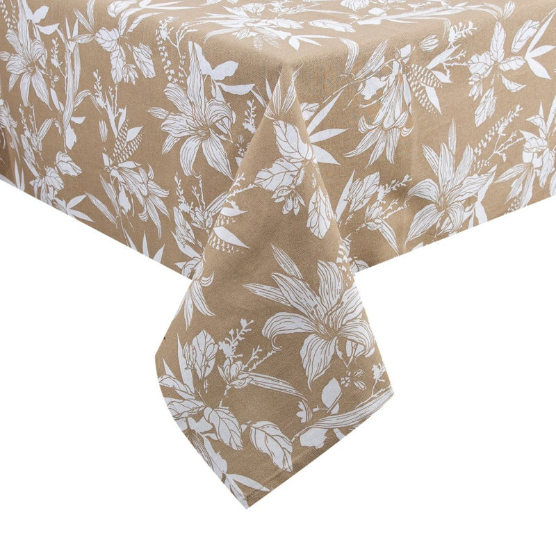 Rectangle Floral Cotton Tablecloth, Taupe, 70" x 60"