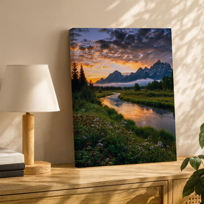 Canvas A Vibrant Landscape During Sunset Showcasing A Serene River Winding Wall Art Through Lush Greenery Framed By Colorful Canvas Wall Art