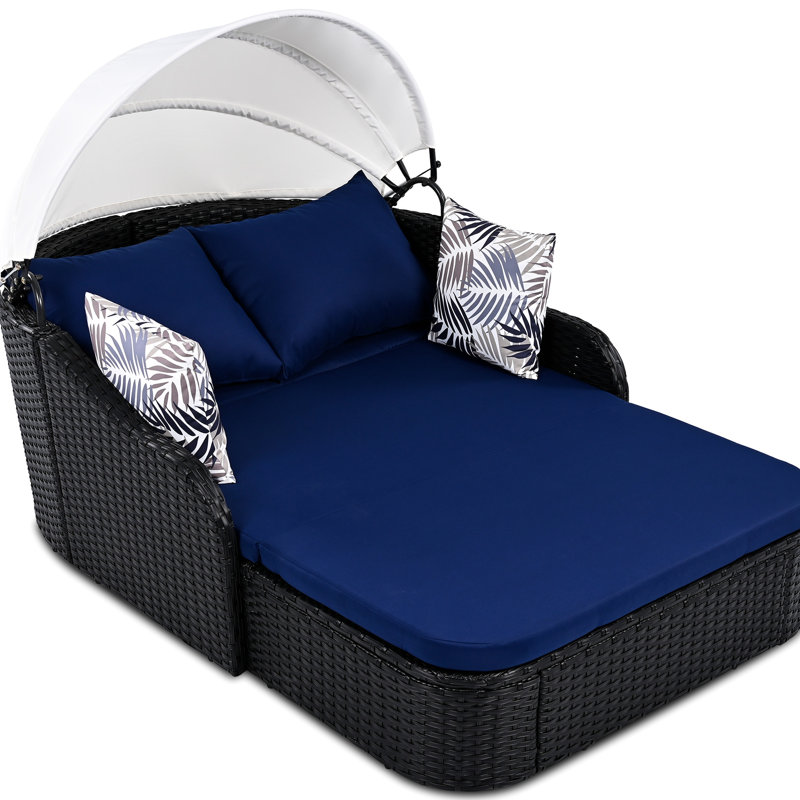 Lit de bronzage extérieur avec auvent modulable - Double salon, toit ajustable confortable, Bleu