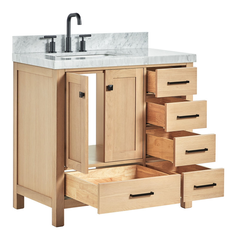 Ariel Cambridge 36 In. Left Offset Vanity With 2 In. Carrara Marble Countertop, Oak