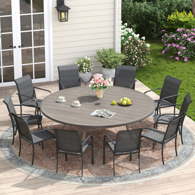 Lehigh 10-Person Patio Dining Set with 63" Round Dining Table and 10 PVC-coated polyester Dining Chairs