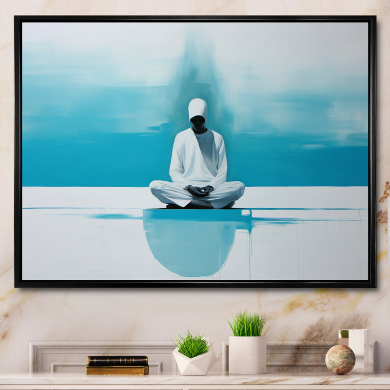 White Blue Meditation Harmony Of Mind - Spiritual Wall Art Prints, H 12 po x l 20 po, Cadre flottant noir