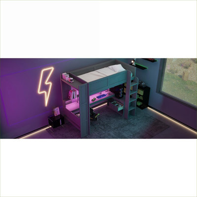 Solid Wood Twin Size Platform Loft Bed with Built-In Desk, Storage Shelves and Charging Station, Cool Grey