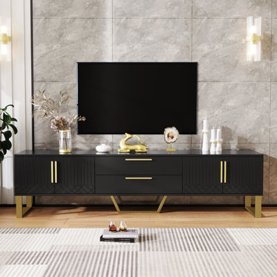 High-gloss Tv Cabinet: Floor-standing Design With Gold Handles And Legs, Doors With Engraved Texture, And A Perfect Combination Of Elegance, Luxury, And Functionality.