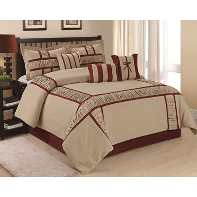 Traditional Ruched 7 Piece Taupe Comforter Set, Queen