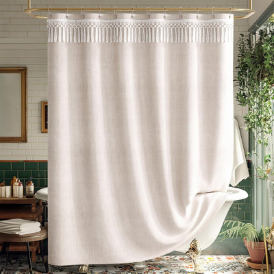 Rideau de douche Farmhouse avec pampilles supérieures, tissu en faux lin, comprend 12 crochets