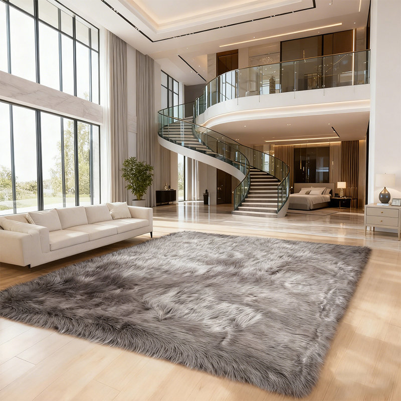 Luxurious Plush Gray Faux Sheepskin Rug, Rectangle 8' x 10'