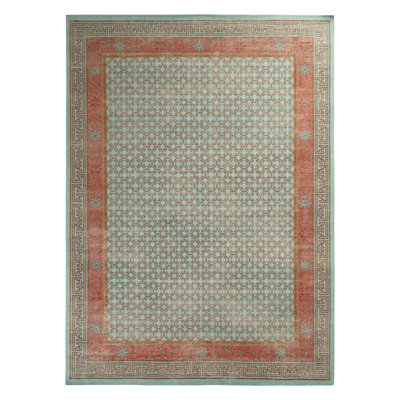 Distressed Homage Hand Knotted Wool Geometric Area Rug in Blue, Orange, Red, Beige, Brown