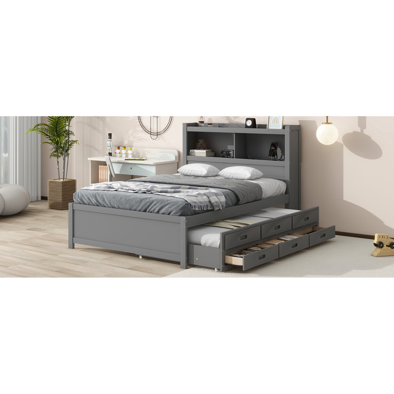 Modern Full Bed With Trundle, Drawer Storage Options Upgrade Enhancement, Ports And Headboard Storage, Gray Size Options, Chargers Compartments,