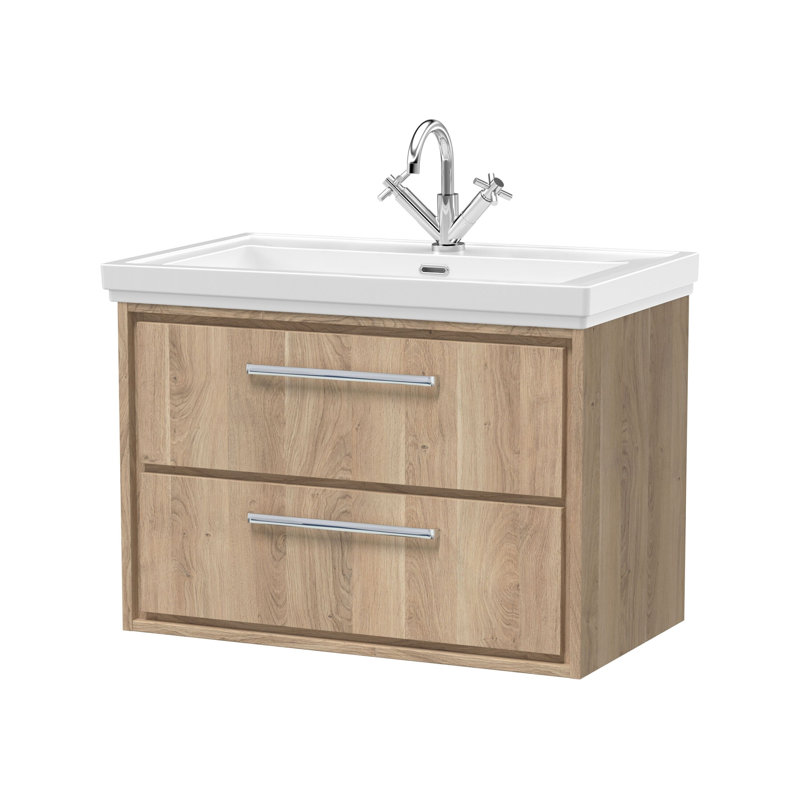 Hudson Reed Lille 600mm Antique Oak 2 Drawer  Wall Hung Vanity Unit With 1 Tap Hole Fireclay Basin, Bleached Oak, 83cm W