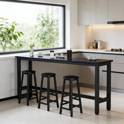 Modern Minimalist 3-Person Bar Table And Stool Set – Rectangle Bar Counter With Iron Legs And Wooden Seats