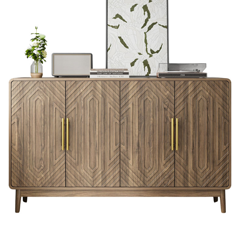 Armoire de rangement 55 po en noyer avec bords arrondis, 4 portes et tablettes réglables