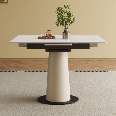 Table de salle à manger rétractable à dalle de roche pliante, table carrée extensible moderne avec base en acier inoxydable revêtue de cuir, table de cuisine à double usage pour les petits appartements
