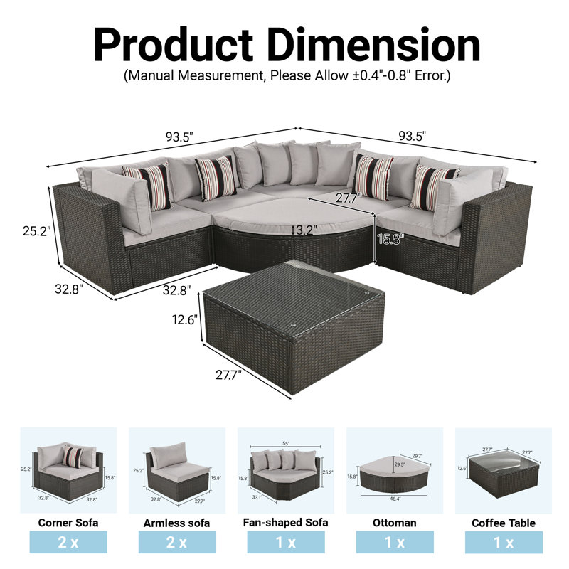 Ensemble de conversation 7 pièces en osier pour l'extérieur avec table basse, coussins et repose-pieds, Brown