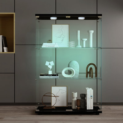 Armoire à vin noir en verre trempé, éclairage télécommandé, pieds réglables, H 49,34 po, convient pour un espace de vie en verre avec mécanisme de verrouillage, 3 4 tablettes, espace principal idéal, classique