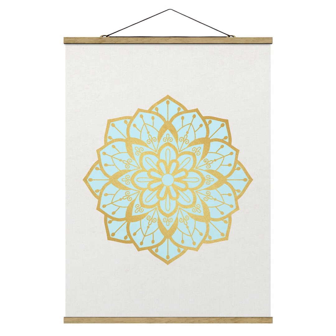 Stoffbild Mandala Illustration Flower in Hellblau/Gold