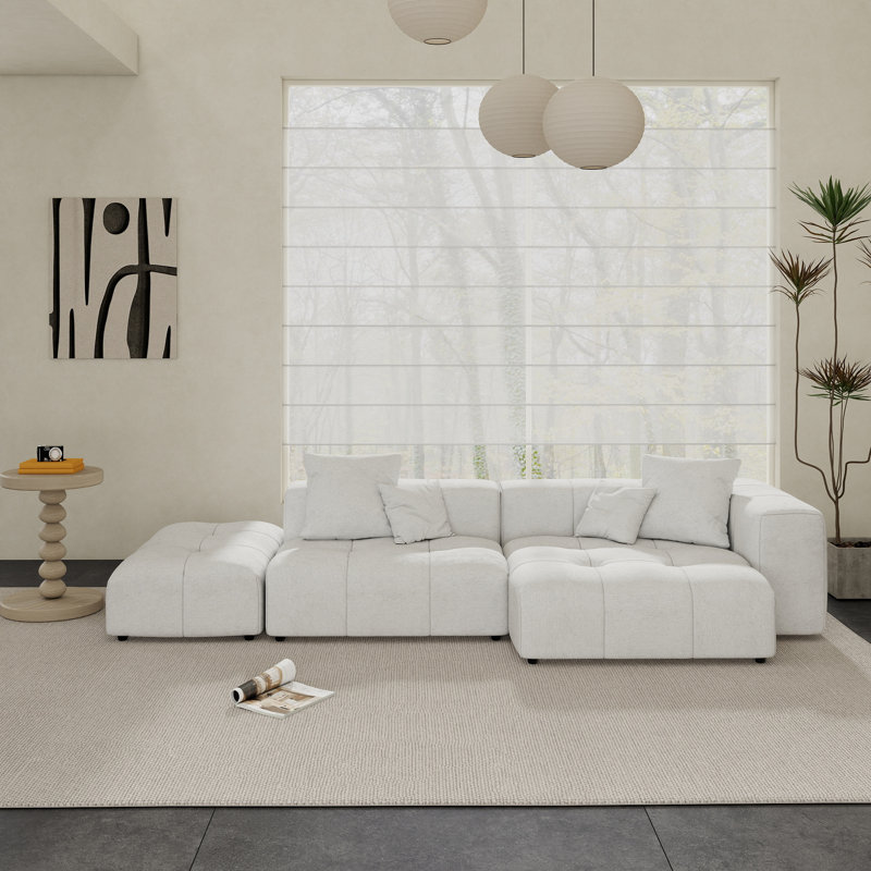 Kay Boneless 3-Piece Upholstered Modern Linen Blend Fabric Sectional With Ottoman, White Linen Blend
