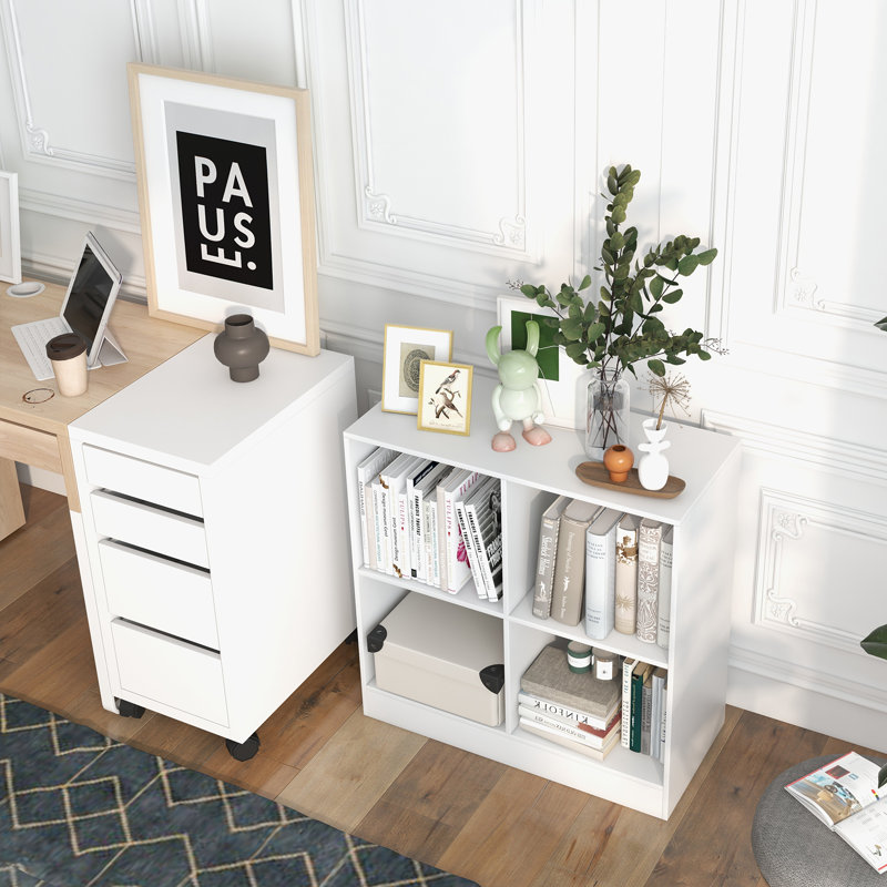29'' H X 29'' W 4-Cube Bookcase Floor Open Bookshelf with 2 Anti-Tipping Kits Modern Shelving Organizer, White