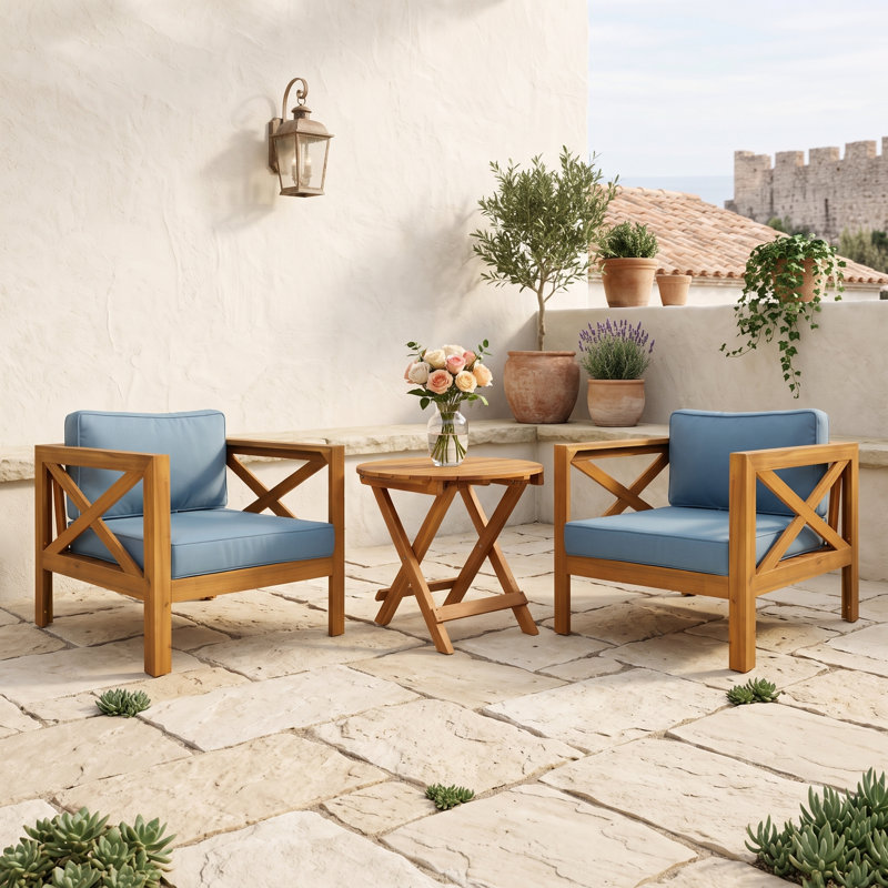 Ensemble de conversation en bois pour patio avec table d'appoint pliante, Blue Teak