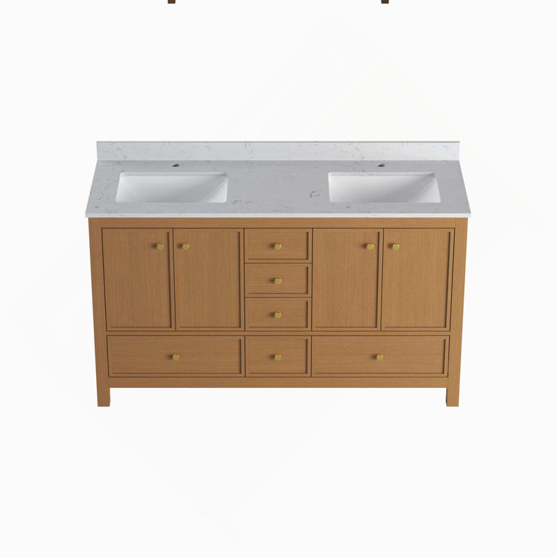 Meuble-lavabo double avec portes et tiroirs, Chêne, 60"