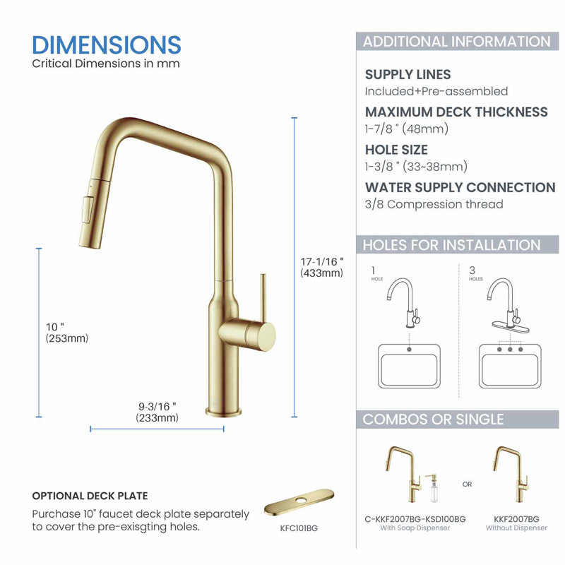 KIBI Macon Pull Down Kitchen Faucet, Brushed Gold, Without Soap Dispenser